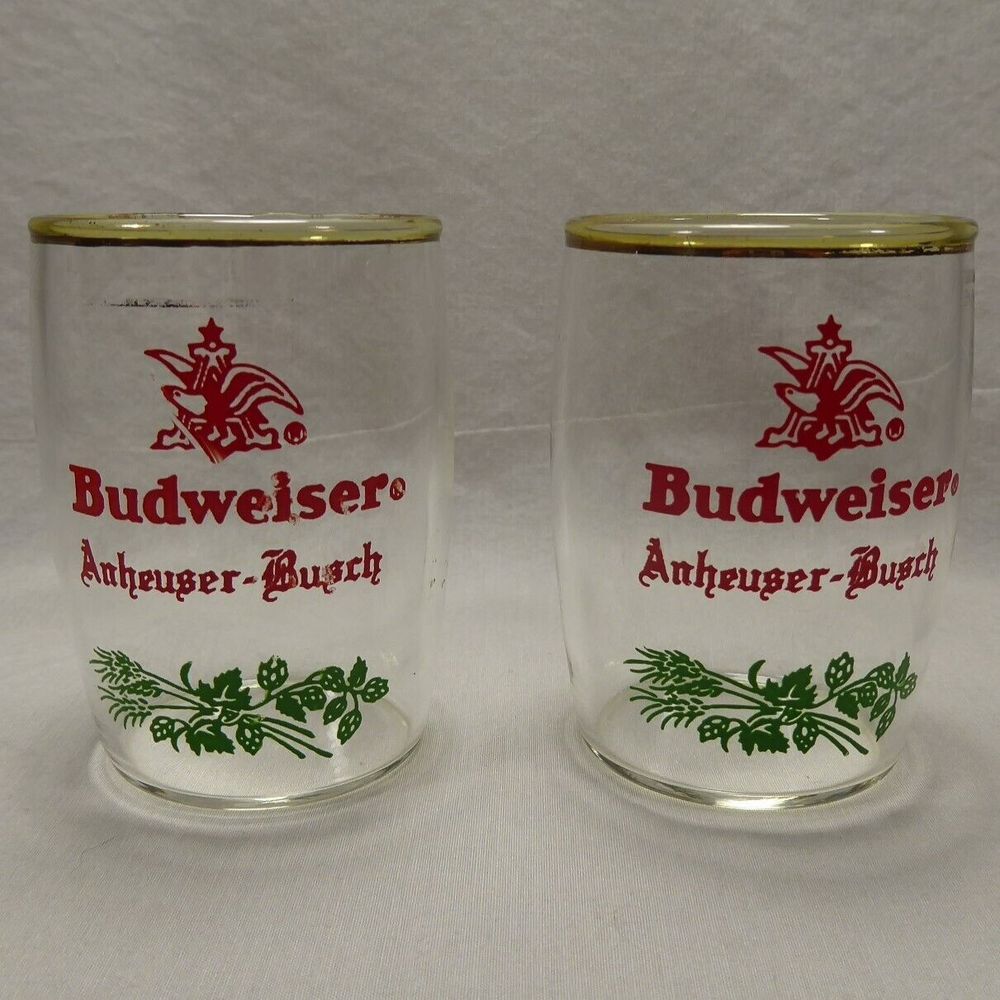 2 VTG Budweiser Beer Barrel Tasting Glasses Mini Glass Anheuser-Busch Christmas